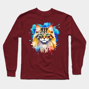 American Long-Hair Cat Watercolor Long Sleeve T-Shirt